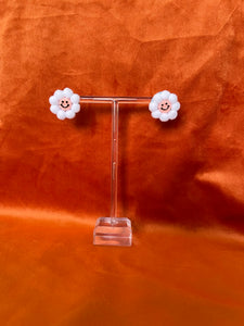 White and pink smiley Flower Puff Studs